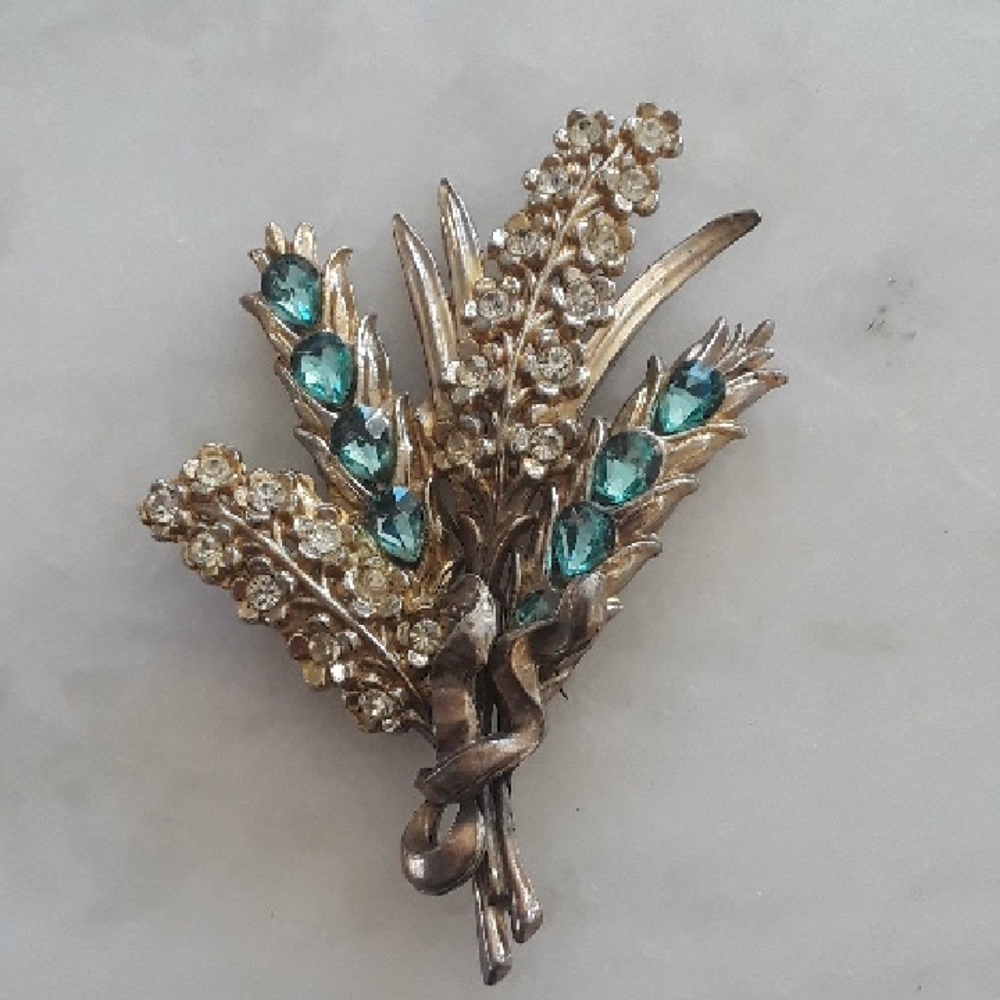 Elegant Gold and Teal Floral Brooch, Vintage